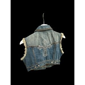 Women's 90's Hippie Denim Jean Vest Y2K Cross Sz Large Frayed Hems